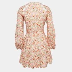 Zimmermann White Floral Print Linen & Cotton Scallop Short Dress S