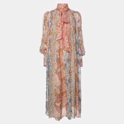 مملوكة مسبقًا Zimmermann Multicolor Floral Print Chiffon Tie Neck Midi Dress S
