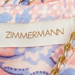 Pre Owned Zimmermann Pink Swirl Floral Print Linen Shell Detail Postcard Mini Dress L