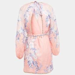 Pre Owned Zimmermann Pink Swirl Floral Print Linen Shell Detail Postcard Mini Dress L