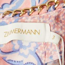 Pre Owned Zimmermann Pink Swirl Floral Print Linen Shell Detail Postcard Mini Dress L