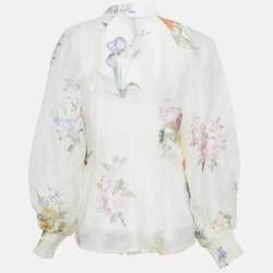 Pre Owned Zimmermann White Floral Print Linen Blend Natura Blouse M