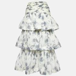 Zimmermann Kiera Navy Printed Silk Plisse Tiered Midi Skirt S
