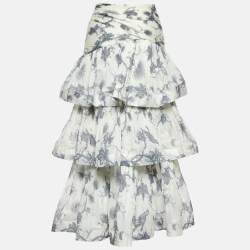 Zimmermann Kiera Navy Printed Silk Plisse Tiered Midi Skirt S