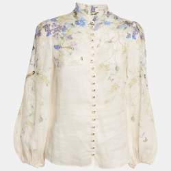 Zimmermann Cream Citrus Butterflies Print Linen Button Front Blouse S