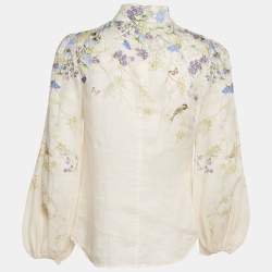 Zimmermann Cream Citrus Butterflies Print Linen Button Front Blouse S