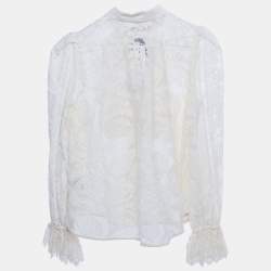 Pre Owned Zimmermann Cream Lace Ruffled Sheer Blouse M