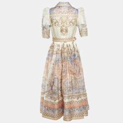 Pre Owned Zimmermann Light Beige Printed Linen & Silk Belted Maxi Dress S