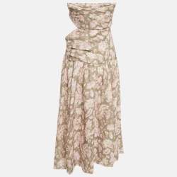 Pre Owned Zimmermann Green Printed Linen Lyre Wrap Tie Side Midi Dress L