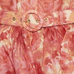 Pre Owned Zimmermann Pink Floral Printed Linen & Silk Belted Mini Dress XS
