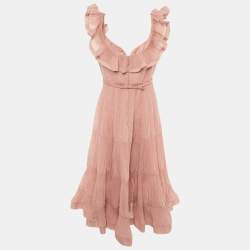 Pre Owned ZIMMERMANN Pink Crepe Pleated Frill Midi Dress L
