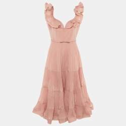 Pre Owned ZIMMERMANN Pink Crepe Pleated Frill Midi Dress L
