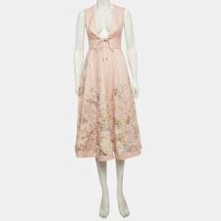 Pre Owned Zimmermann Pink Floral Linen Waverly Plunge Midi Dress XS