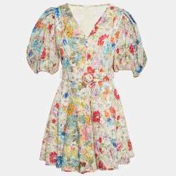 مملوكة مسبقًا فساتان زيمرمان ملون بطبعة من الكتان بحزام قصير مقاس متوسط