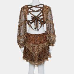 Pre Owned Zimmermann Brown Tali Batik Printed Silk Cutout Mini Dress L