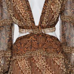 Pre Owned Zimmermann Brown Tali Batik Printed Silk Cutout Mini Dress L