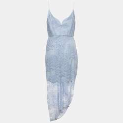 مملوكة مسبقًا Zimmermann Blue Floral Lace Draped Plunge Midi Dress L