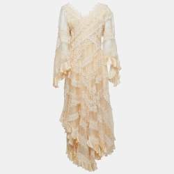 Pre Owned Zimmermann Cream Organza Lace Trimmed Ruffle Detailed Charm Star Gown L