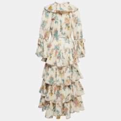 Pre Owned Zimmermann Cream Floral Printed Cotton Tiered Midi Dress M