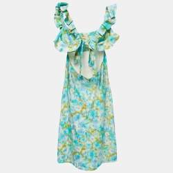 Pre Owned Zimmermann Green Printed Linen High Tide Frilled Midi Dress L