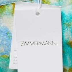 Pre Owned Zimmermann Green Printed Linen High Tide Frilled Midi Dress L
