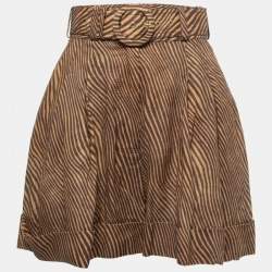 Zimmermann Brown Animal Printed Linen Belted High Waist Cuffed Shorts S