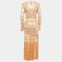 Pre Owned Zimmermann Gold Kaleidoscope Macrame Fringed Dress M