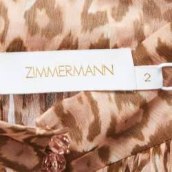 Pre Owned Zimmermann Brown/Pink Animal Printed Silk Bell Sleeve Mini Dress M