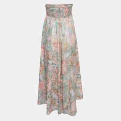 Pre Owned Zimmermann Green Floral Printed Linen Bandeau Midi Dress XL