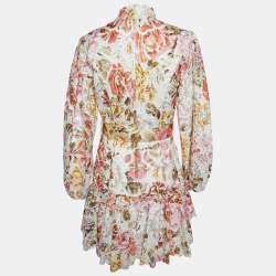 Pre Owned Zimmermann Multicolor Floral Printed Linen Bonita Embroidered Belted Mini Dress M