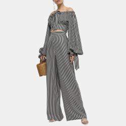 Pre Owned Zimmermann Black/White Striped Silk-Blend Wide-Leg Pants S (0)