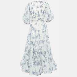 Pre Owned Zimmermann Off White Floral Printed Crepe Pleated V Neck Maxi Dress XS