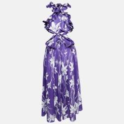 مملوكة مسبقًا Zimmermann Purple Floral Print Cotton Acadian Ruffle Maxi Dress S