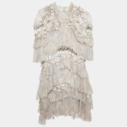 Pre Owned Zimmermann Grey Chiffon Cut-Out Applique Tiered Mini Dress M