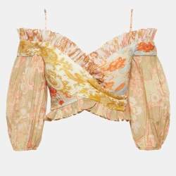 Zimmermann Yellow Postcard Print Plisse Crop Top M
