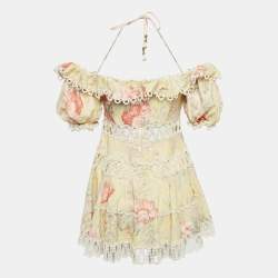 Pre Owned Zimmermann Yellow Floral Print Linen & Cotton Mini Dress M
