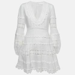 Pre Owned Zimmermann White Lace Trim Linen Castile Plunge Dress M