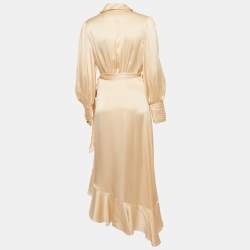 Pre Owned Zimmermann Beige Silk Satin Blouson Sleeve Asymmetric Midi Wrap Dress M
