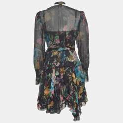 Zimmermann Black Floral Print Silk Ruffled Wrap Dress S