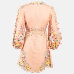 Pre Owned Zimmermann Light Orange Floral Print Zinnia Scallop Mini Dress M