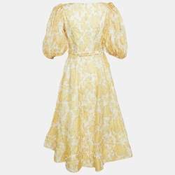 Zimmermann White Floral Linen and Silk Post-Card Pleated Sleeves Midi Dress S