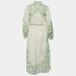 Pre Owned Zimmermann Cream Teddy Floral Embroidered Linen & Cotton Midi Dress L