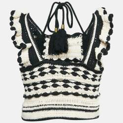 Pre Owned Zimmermann Beige/Black Crochet Knit Anneke Halter Neck Top S