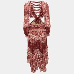 Pre Owned Zimmermann Red Floral Print Chiffon Cut-Out Maxi Dress S