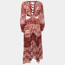 Pre Owned Zimmermann Red Floral Print Chiffon Cut-Out Maxi Dress S