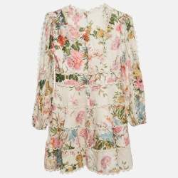 Pre Owned Zimmermann White Floral Print Linen Tiered Heathers Mini Dress M