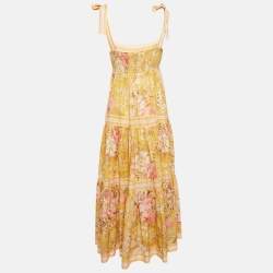 Pre Owned Zimmermann Yellow Floral Print Cotton Shoulder Tie-Up Midi Dress L