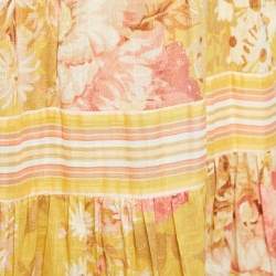 Pre Owned Zimmermann Yellow Floral Print Cotton Shoulder Tie-Up Midi Dress L