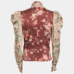 Pre Owned Zimmermann Brown Floral Print Silk Blend Puff Sleeve Top M