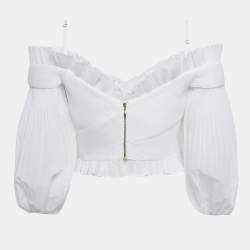 Pre Owned Zimmermann White Plisse Off-Shoulder Crop Top M